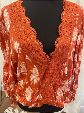 Orange Floral Crochet Trim V-Neck Blouse